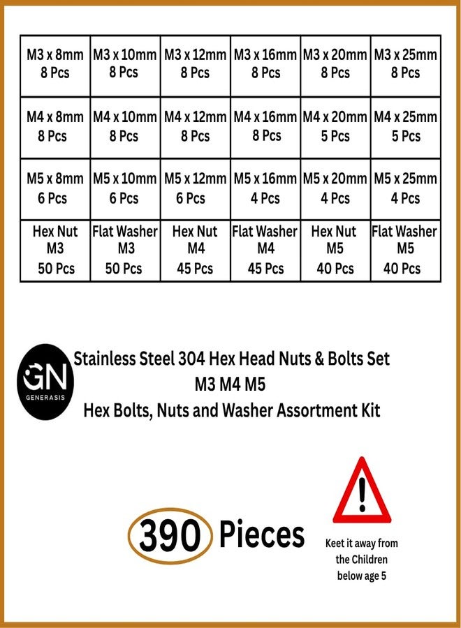 GENERASIS Nuts and Bolts Set | Metric M3 M4 M5 | 304 Stainless Steel Hex Bolts, Nuts & Washers Assortment Kit with Storage Box (Pack of 390 Pieces) - Image 2